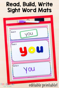 Editable sight word read it, build it, write it mats. A fun, hands-on way to learn sight words!