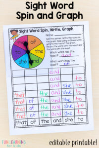 Combine math and literacy with this editable sight word spin and graph activity! Just print and play!