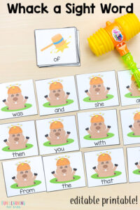 This sight word whack a mole game is a fun gross motor game that helps kids learn sight words.