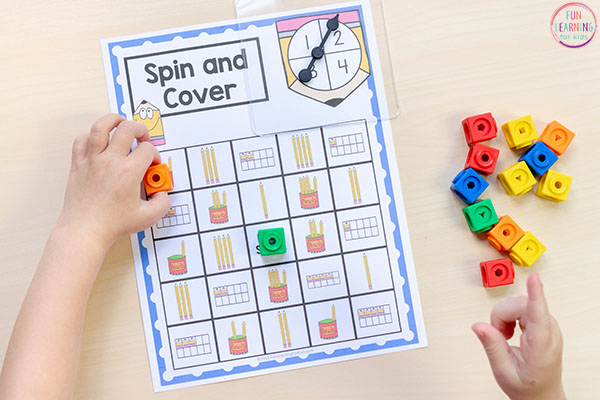 Pencils spin and cover game for kids in preschool and kindergarten.