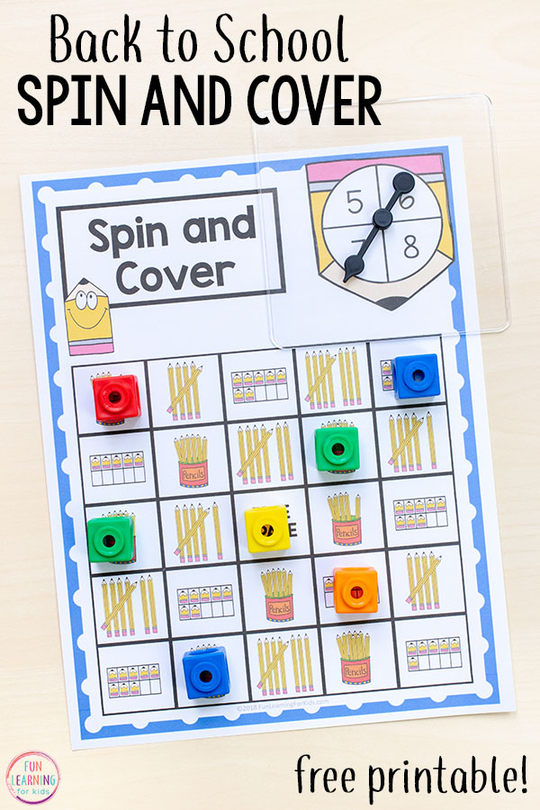 This no prep pencil spin and cover game is perfect for back to school math centers. Learn numbers and counting in a fun and hands-on way with this free printable math game.