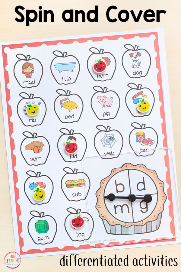 Apple spin and cover middle vowel sounds CVC activity for kindergarten and first grade.