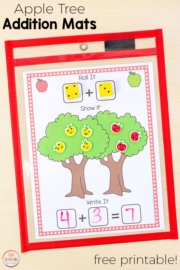 Your kids will love these apple tree addition and subtraction mats. They are perfect for fall math centers in kindergarten and even preschool.