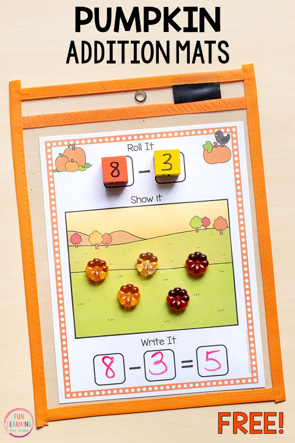 This pumpkin subtraction mat is a fun pumpkin activity for your math centers this fall.