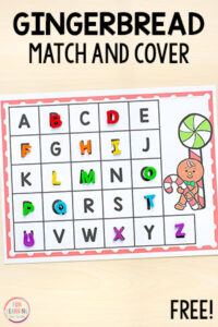 Gingerbread match and cover alphabet activity for Christmas literacy centers in preschool and kindergarten