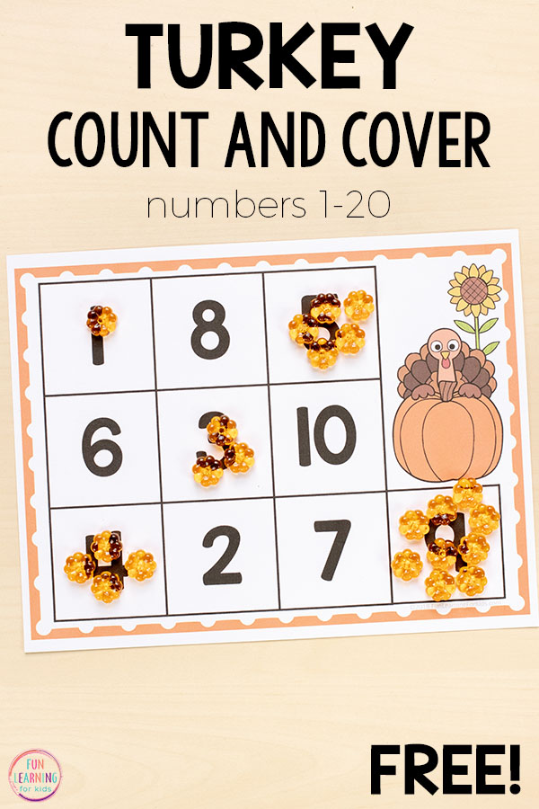 These Thanksgiving turkey count and cover mats are perfect for Thanksgiving math centers in kindergarten or preschool!