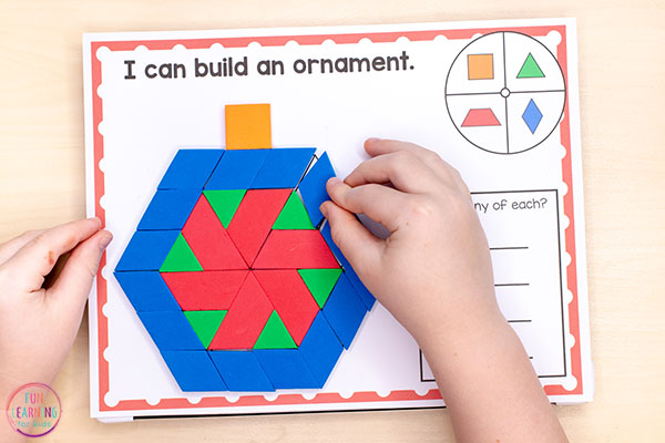 A hands-on Christmas math printable. Perfect for shapes lesson plans and learning about shapes.