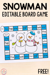 A fun editable board game for winter math and literacy centers in kindergarten, preschool, first grade and second grade.
