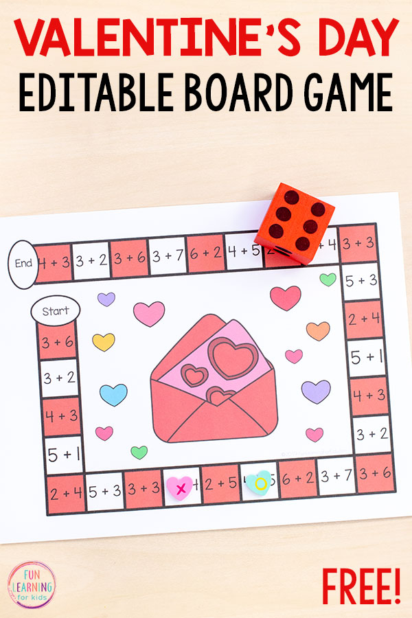 Editable Valentine's Day board game to learn numbers and math facts.