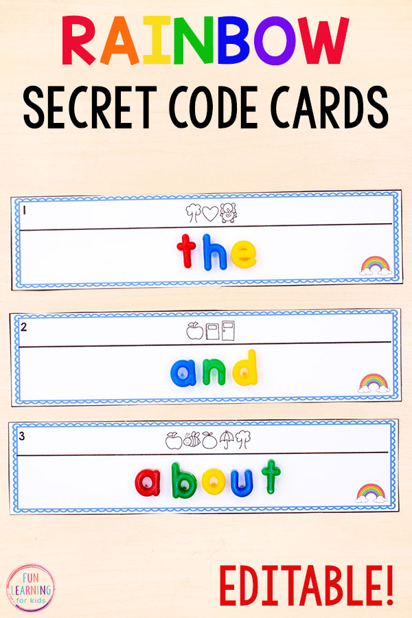 These rainbow secret code words cards are editable and so much fun for kids in kindergarten, first grade and second grade.