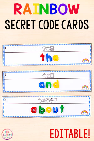 Rainbow Secret Code Word Cards Editable Printable