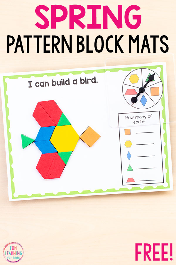 Spin and cover spring pattern blocks mats for math in preschool, kindergarten or first grade.