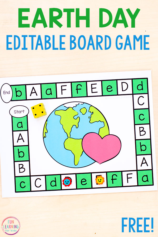 A fun editable Earth Day board game activity to teach letters and letter sounds.