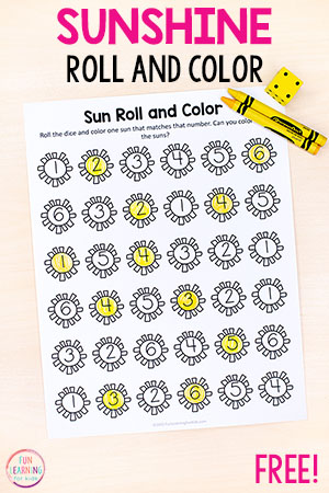 Sun Roll and Color Numbers and Counting Printable
