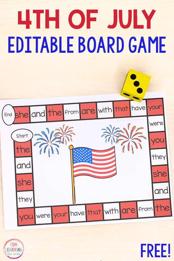 This editable 4th of July board game is so much fun! Use it to teach sight words, letter identification, letter sounds, math facts and more!