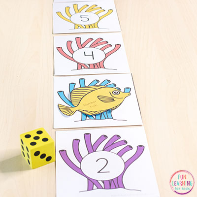 A fun ocean number line game for math centers in kindergarten and first grade. This math and movement activity is so much fun!