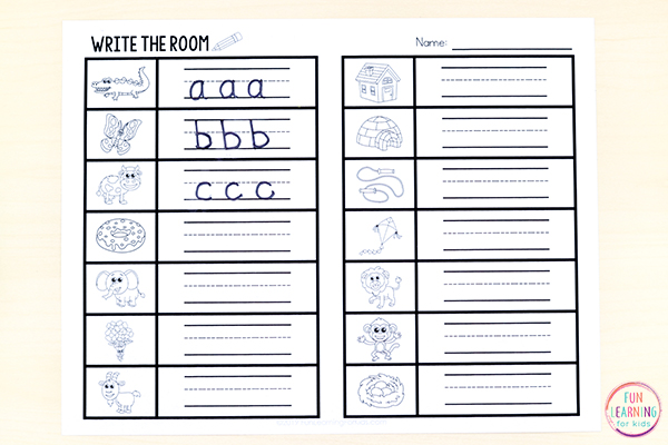 Recording sheets for the gingerbread letter sounds write the room activity. One version with tracing letters and one with blank handwriting lines.
