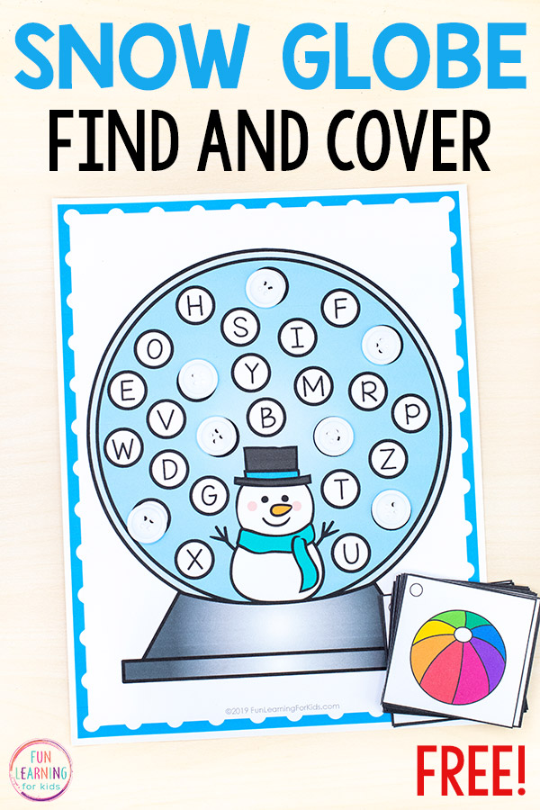 A printable mat with a snow globe and letters all over it. Plus, there are letter sounds picture cards. Pick a card, find the letter that corresponds to that beginning sound and cover it with a white button or white pom pom.