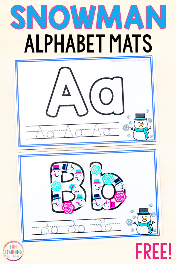 Snowman alphabet handwriting cards with alphabet bubble letters and handwriting lines with tracing letters.