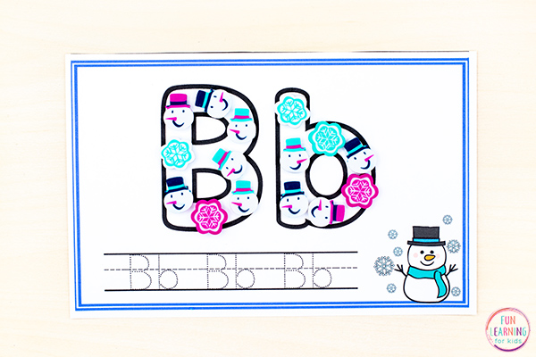 Winter snowman alphabet mats for learning letter formation and handwriting.