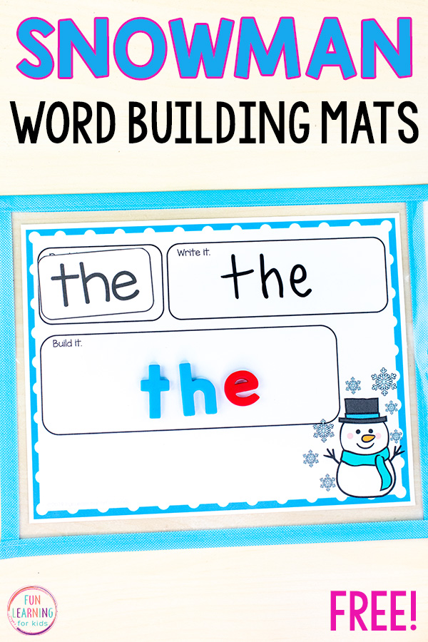 Word building mats where students read the word, write the word, and then build the word with manipulatives. The mat has a snowman on it for this winter theme.