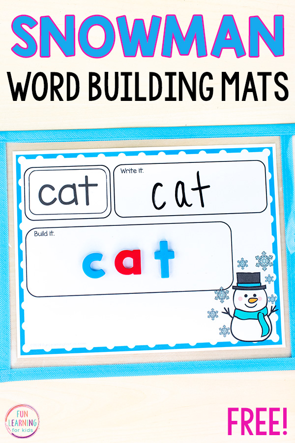 Word work activity mats with a snowman theme