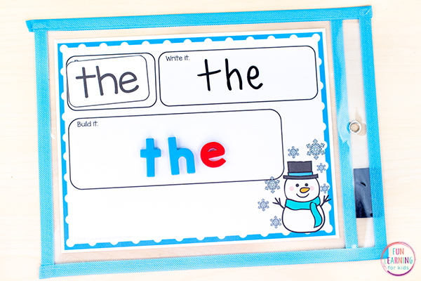 Snowman word work mats for learning sight words, spelling words, CVC words, and even phonics skills.