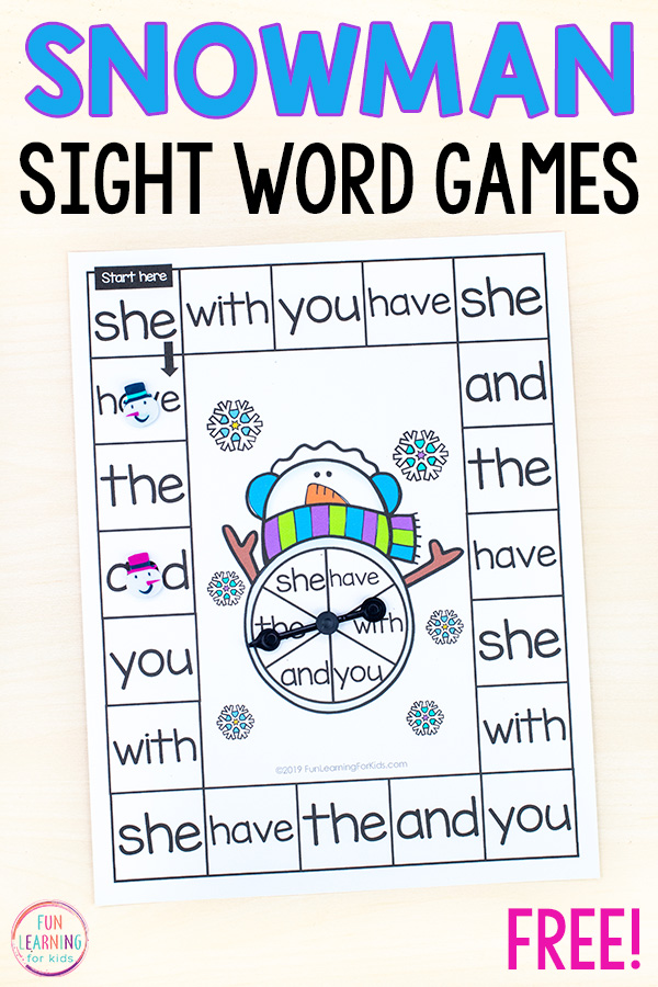 Editable snowman sight word board game that you can type sight words into. A spinner in the middle of the board auto populates with the words.