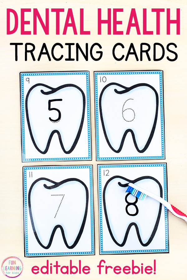 Free printable tracing cards with a dental health theme.