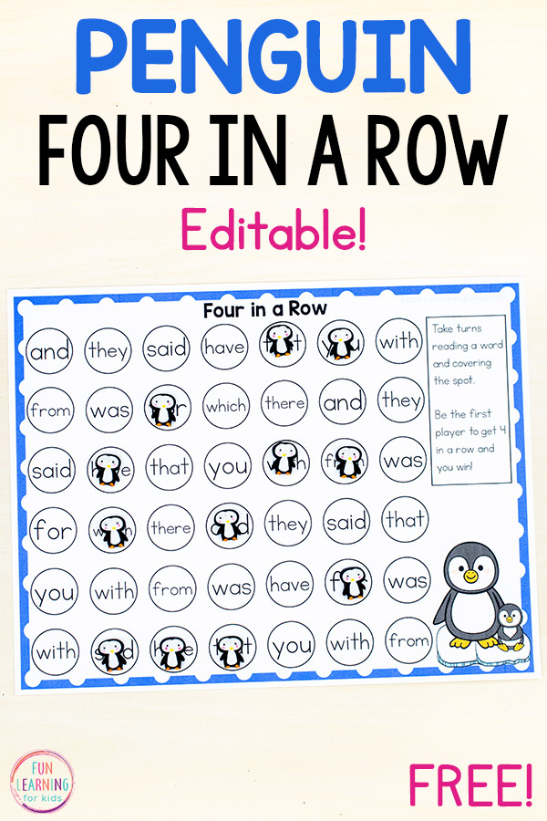 A free printable four in a row game with a penguin theme. Easy to differentiate and super fun for winter.