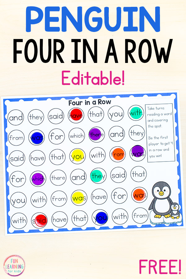 A free editable sight word game for kindergarten, first grade, and second grade. This printable game is perfect for sight words, math facts, letters and sounds, and more!