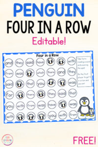 A fun editable four in a row game with a penguin theme for winter math and literacy centers.