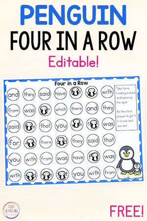 Editable Penguin Four in a Row Game Free Printable