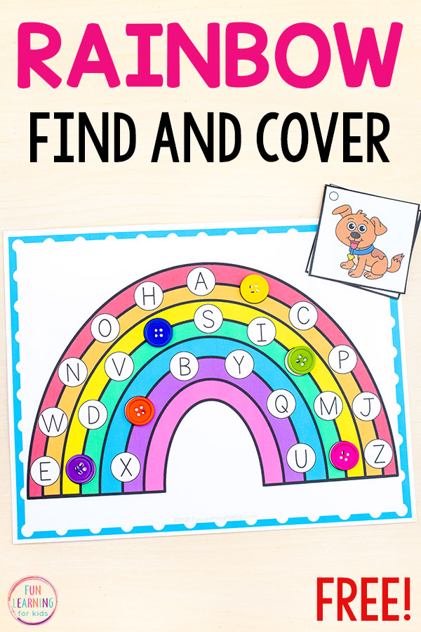 Rainbow theme alphabet game for preschool and kindergarten.
