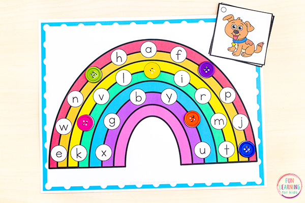 Free printable rainbow find and cover the letters alphabet activity for preschool and kindergarten.