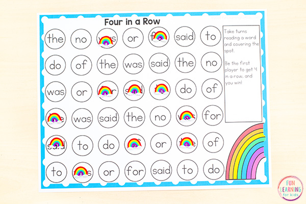 Rainbow sight word 4 in a row game for spring literacy centers.