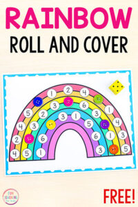 Rainbow Roll and Cover math activity for preschool and kindergarten.