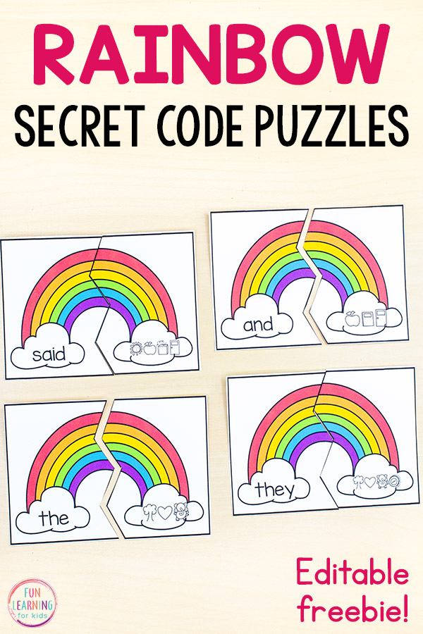 Rainbow sight word puzzles for spring literacy centers. Secret code on one side and matching word on the other side.