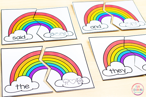 Rainbow sight word puzzles for spring literacy centers.