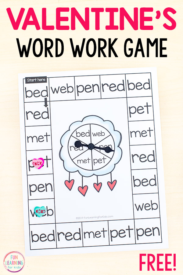 Valentine's day word work board game for literacy centers in kindergarten, first grade, or second grade.