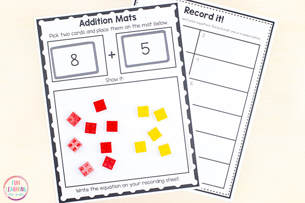 LEGO addition and subtraction mats in black and white with a recording sheet.