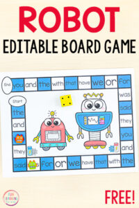 Free printable robot board game to teach sight words, alphabet, math facts and more!