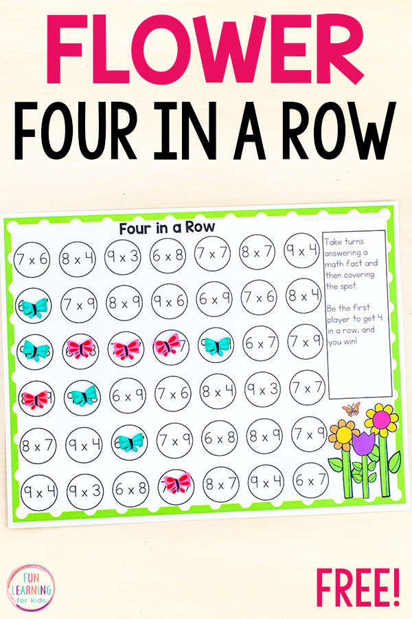Free printable flower theme math game for kids to learn math facts and more.