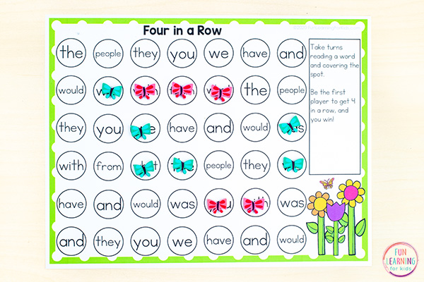 Editable flower four in a row game to teach sight words.