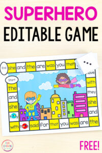 A fun superhero editable board game for kindergarten, first grade, second grade.