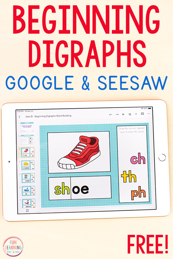 Beginning digraphs phonics activity for Google Classroom and Seesaw.