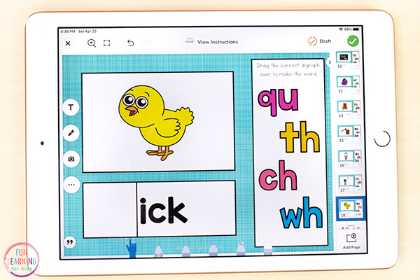 Teaching the beginning digraphs phonics rule with an interactive digital activity for Seesaw.