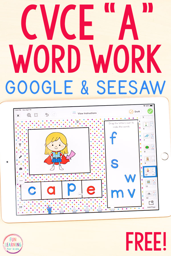 Free long "A" CVCe word building activity for Google Slides and Seesaw.