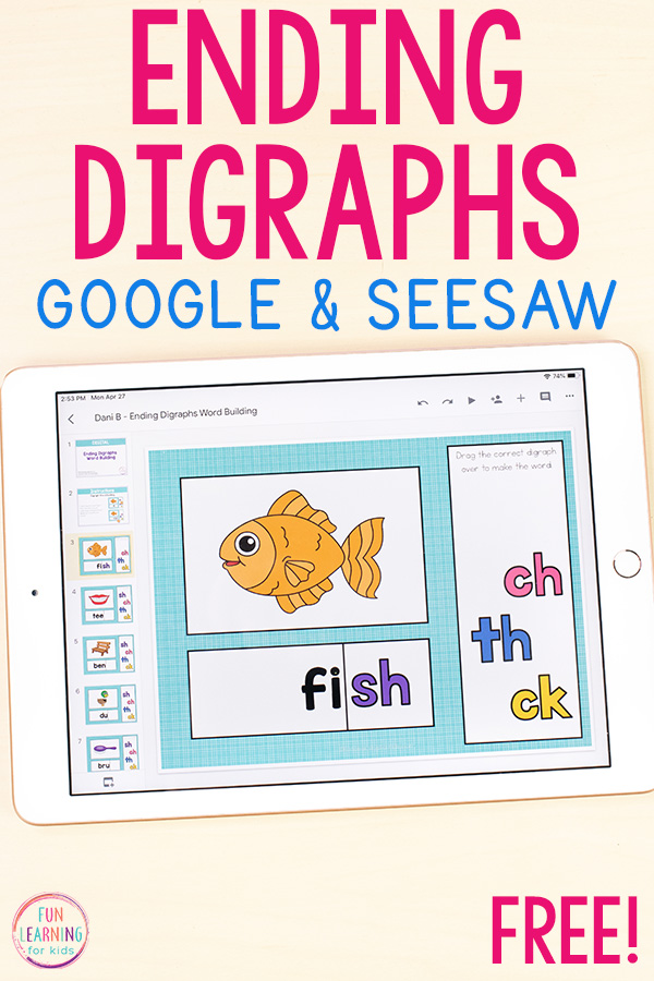 Ending digraphs word building activity for Google Slides and Seesaw.