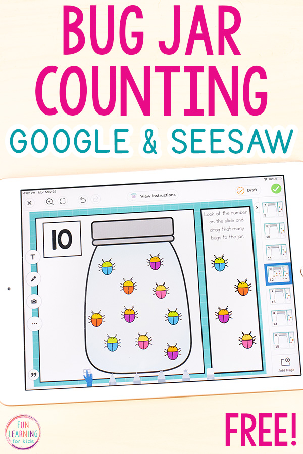A fun bug theme counting activity for learning to count to 20 on Google Slides and Seesaw.